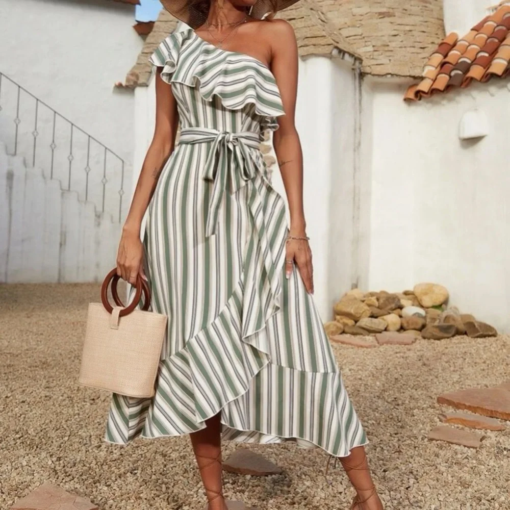 Boho striped ruffle hem belted one shoulder midi dress